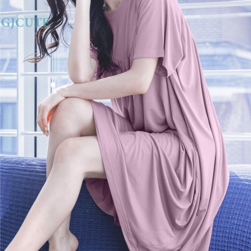 Đầm Midi Tay Ngắn Cổ Tròn Màu Trơn Dáng Rộng Thời Trang Cho Nữ