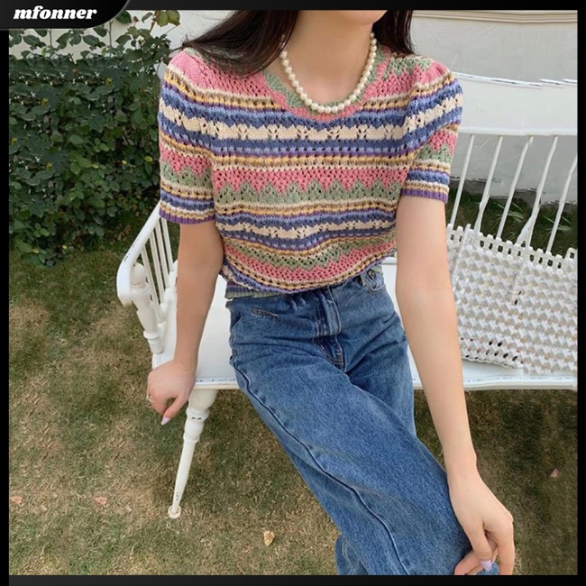 Áo Dệt Kim Ngắn Tay Cổ Tròn Họa Tiết Kẻ Sọc Màu Sắc Tương Phản Thời Trang Mùa Hè Cho Nữ
