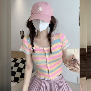 Áo Dệt Kim Kẻ Sọc Cầu Vồng Thời Trang Mùa Hè Hàn Quốc Cho Nữ