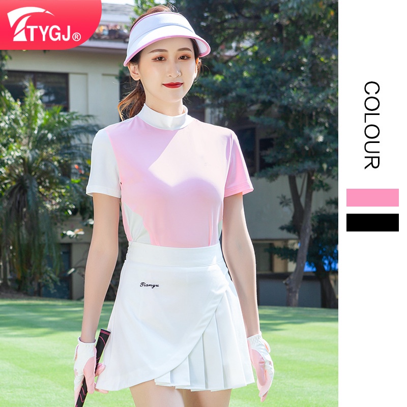 TTYGJ Golf Nữ tay ngắn làm khô nhanh Áo phông đứng lên Quần áo chống nắng thể thao đàn hồi cổ cao