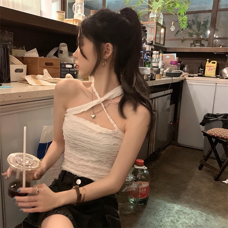 Áo Hai Dây Dáng Ngắn Màu Hồng Trơn Phong Cách Âu Mỹ Quyến Rũ Cho Nữ