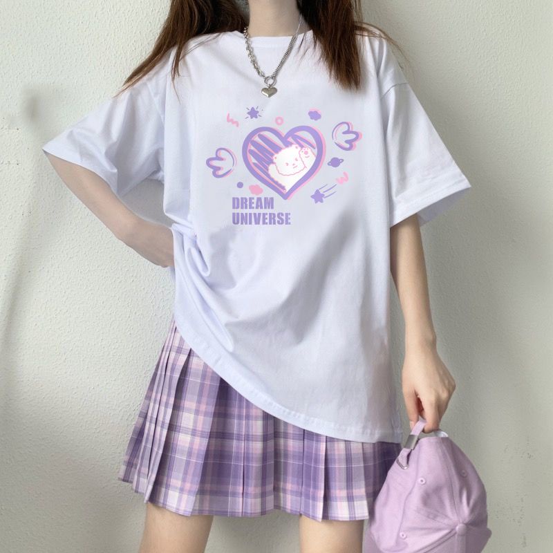 Áo Thun Tay Ngắn Dáng Rộng Màu Đen In Hình Trái Tim Thời Trang Mùa Hè Xinh Xắn Cho Nữ