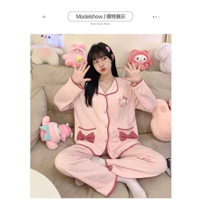 Bộ Đồ Ngủ Tay Dài Đính Nơ Phong Cách Hàn Quốc Thời Trang Xuân Thu Xinh Xắn Cho Nữ
