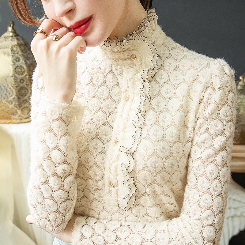 Áo sơ mi cao cổ nữ phong cách pháp dài tay sexy fleece-lót giữ ấm bên trong áo sơ mi ren