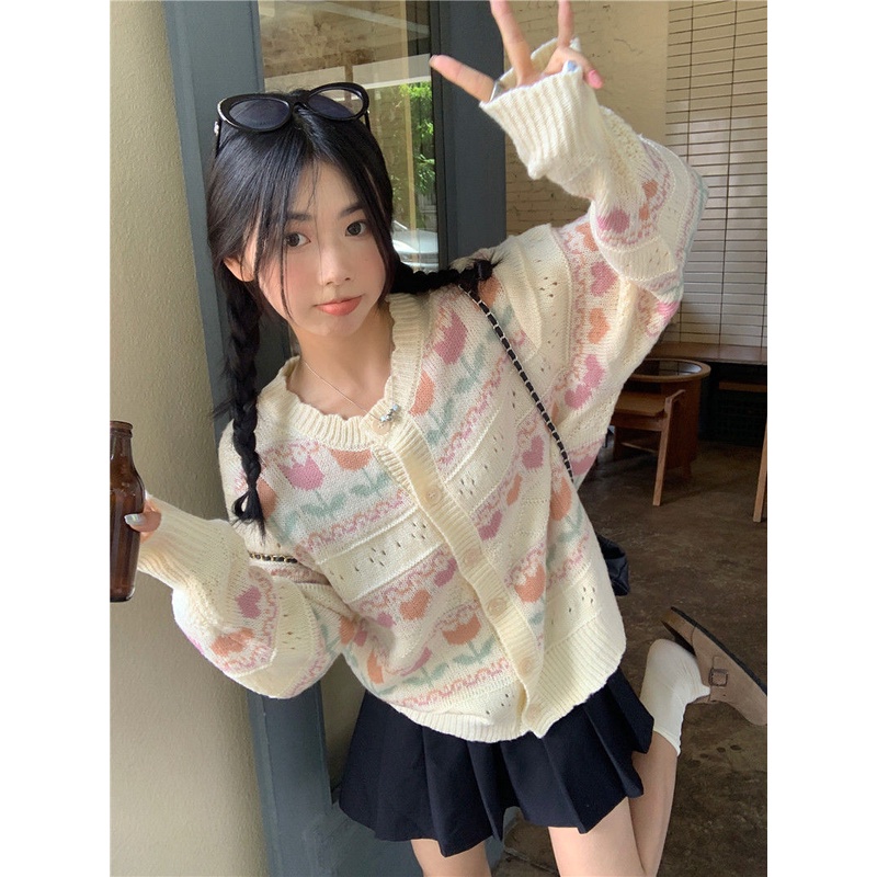 Áo Cardigan Dệt Kim Dáng Rộng Họa Tiết Hoa Tulip Thời Trang Xuân Hè Phong Cách Nhật Bản Cho Nữ