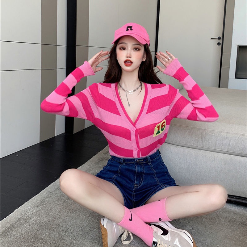 Áo Khoác Cardigan Dệt Kim Mỏng Cổ Chữ V Họa Tiết Kẻ Sọc Màu Xanh Lá Thời Trang Cho Nữ