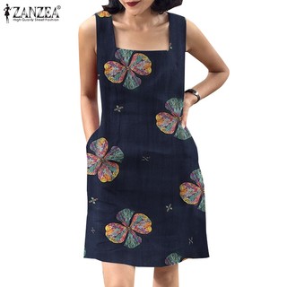 ZANZEA Đầm Cotton Không Tay Cổ Vuông In Họa Tiết Thời Trang Hàn Quốc Cho Nữ