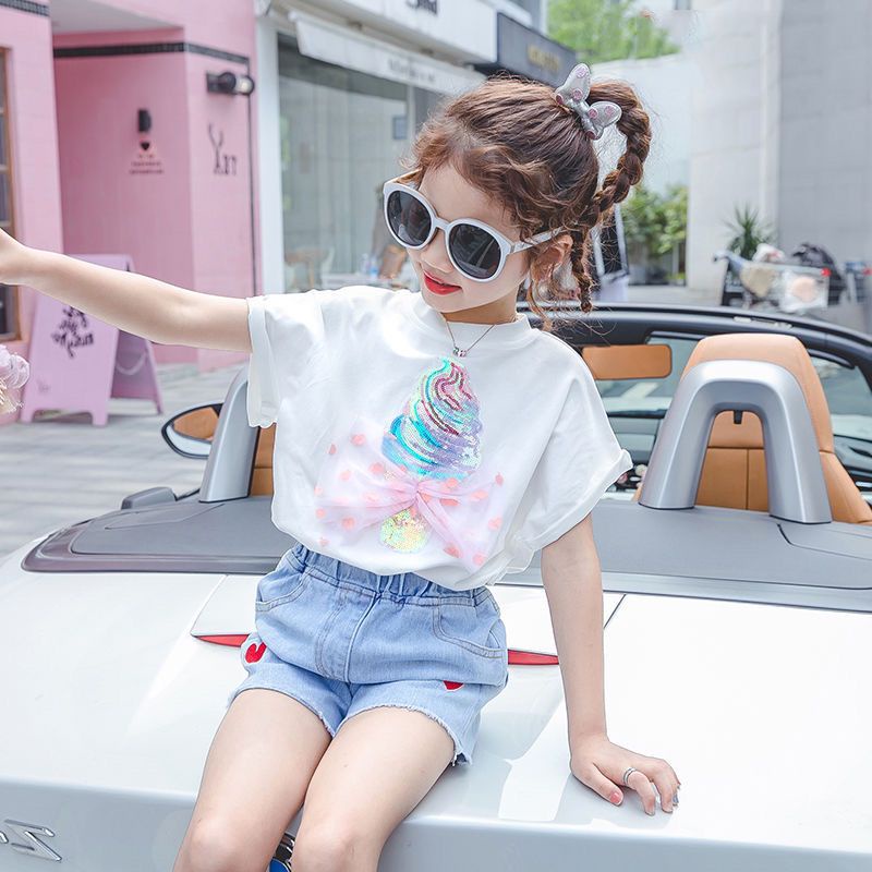 Tương phản màu ren t-shirt cô gái t-shirt mỏng phong cách hàn quốc thoáng khí thấm hút mồ hôi quần áo trẻ em