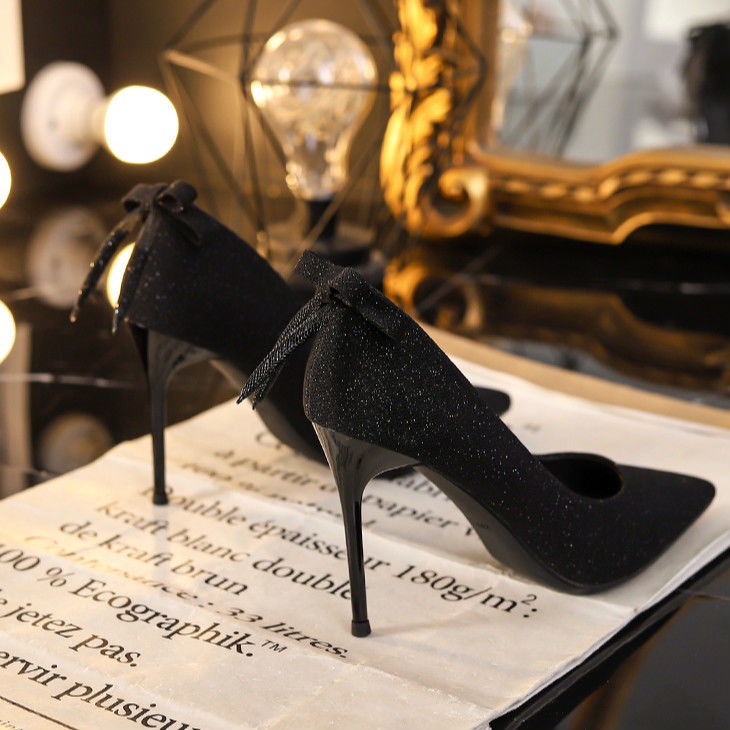 Giày Cao Gót Mũi Nhọn Đính Nơ Thời Trang Pháp Cho Nữ