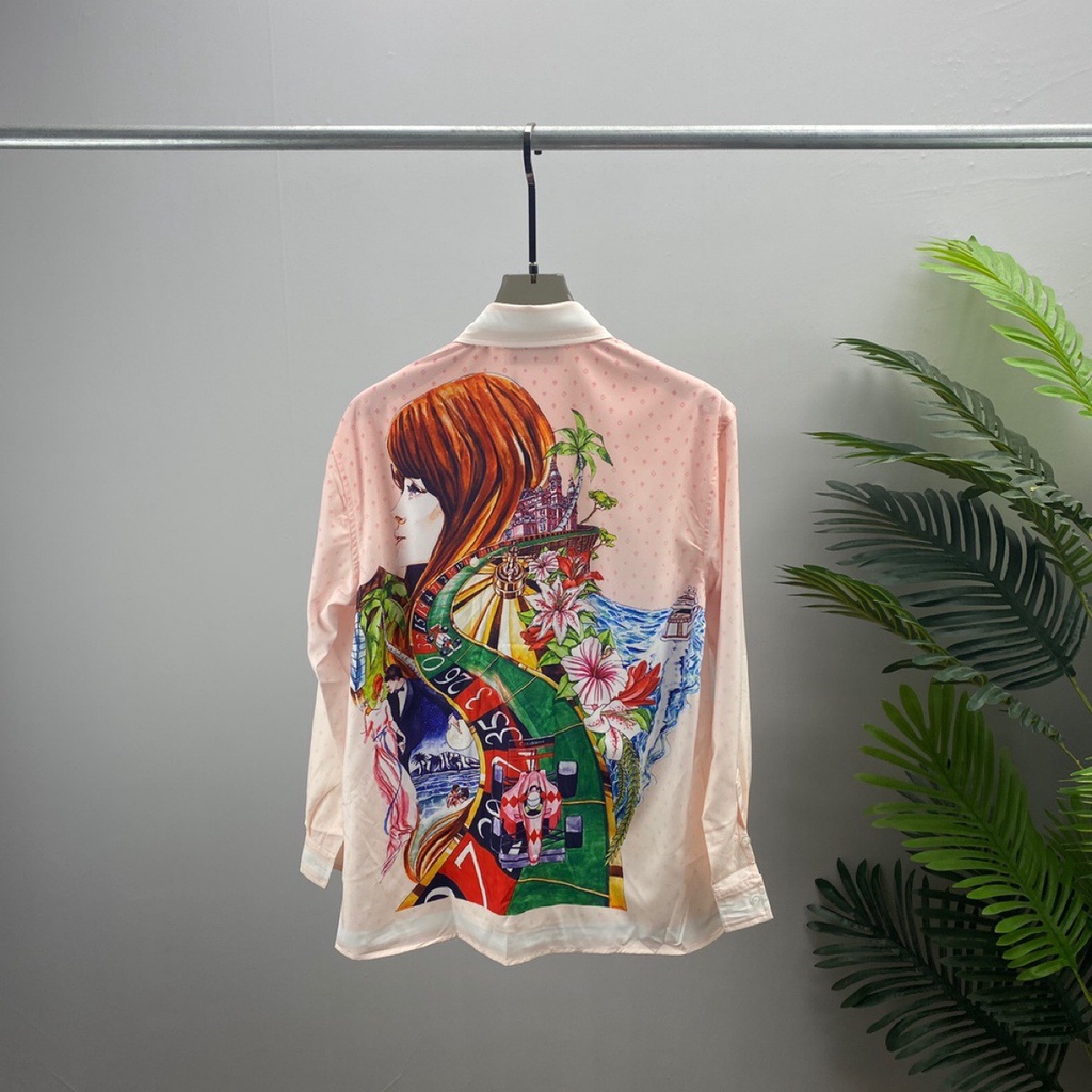 WKNM CASABLANCA fashion brand European long-sleeved shirt light pink lapel letter printed cardigan shirt in stock