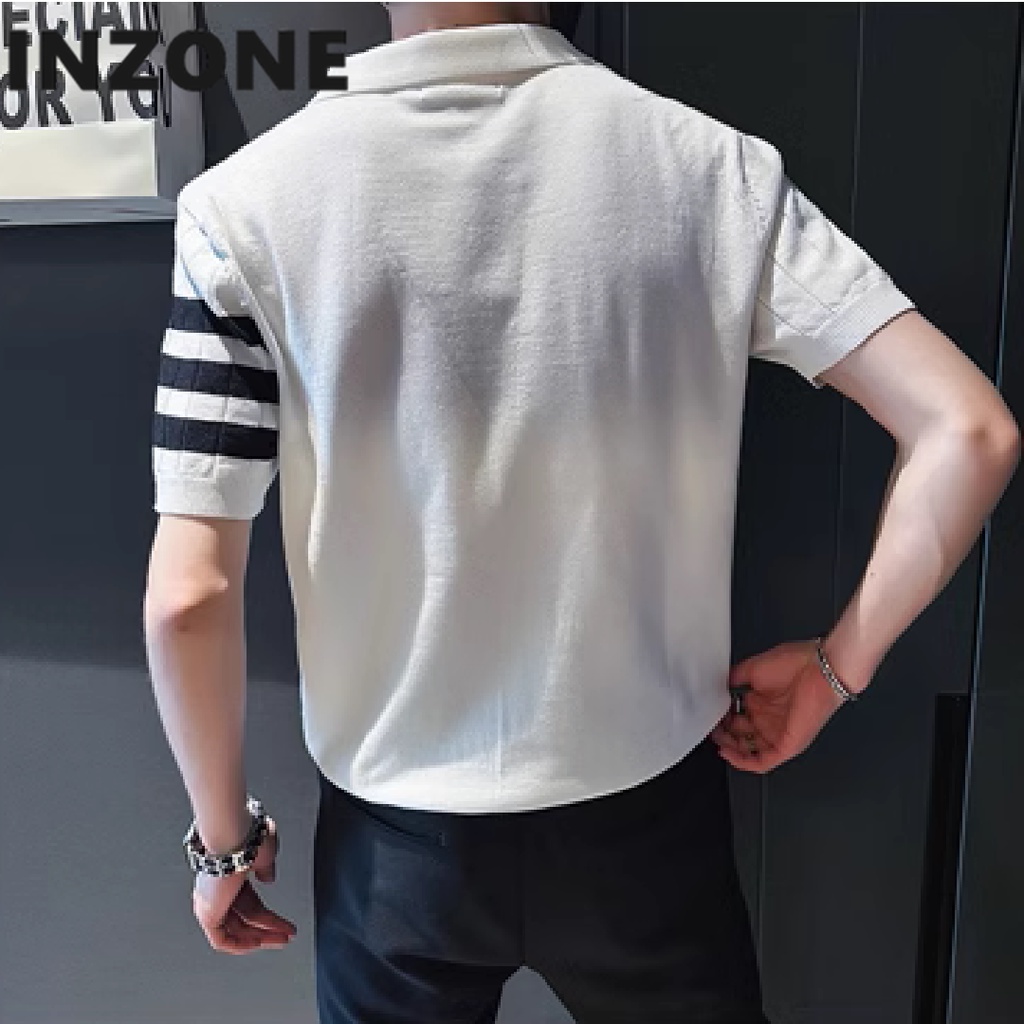 Áo Thun Polo Dệt Kim Tay Ngắn Dáng Ôm Họa Tiết Kẻ Sọc Phong Cách Hàn Quốc Thời Trang Cho Nam