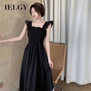 IELGY Pháp Retro Đen Cổ Vuông Đầm Mùa Hè Mới Cao Cấp Nhỏ Chữ A Đầm Giữa Chiều