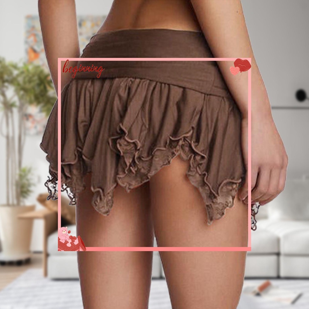 ✿ Khởi Động ✿ Chân Váy Ren Hai Lớp Y2k Lưng Thun Co Giãn Màu Trơn Dành Cho Nữ Đi Nghỉ Mát