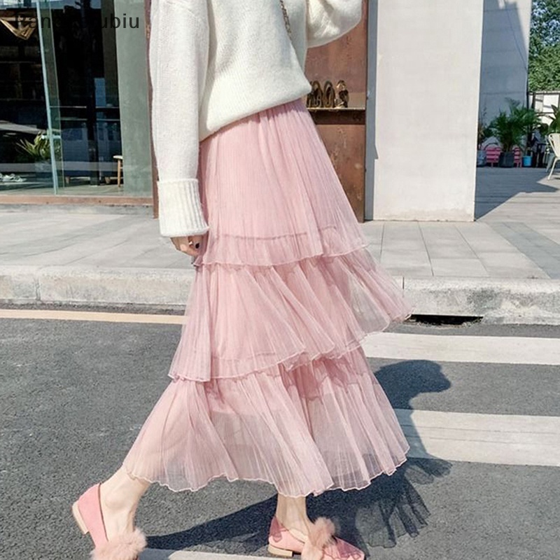 Váy nữ mùa hè thời trang dài Dài Màu Trơn voan co giãn eo bán thường ngày