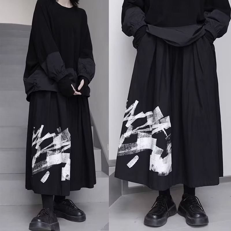 Quần x-men a-line wide-leg nam yamamoto black culottes genderless dark style high-waist a-line wide-leg pants nam