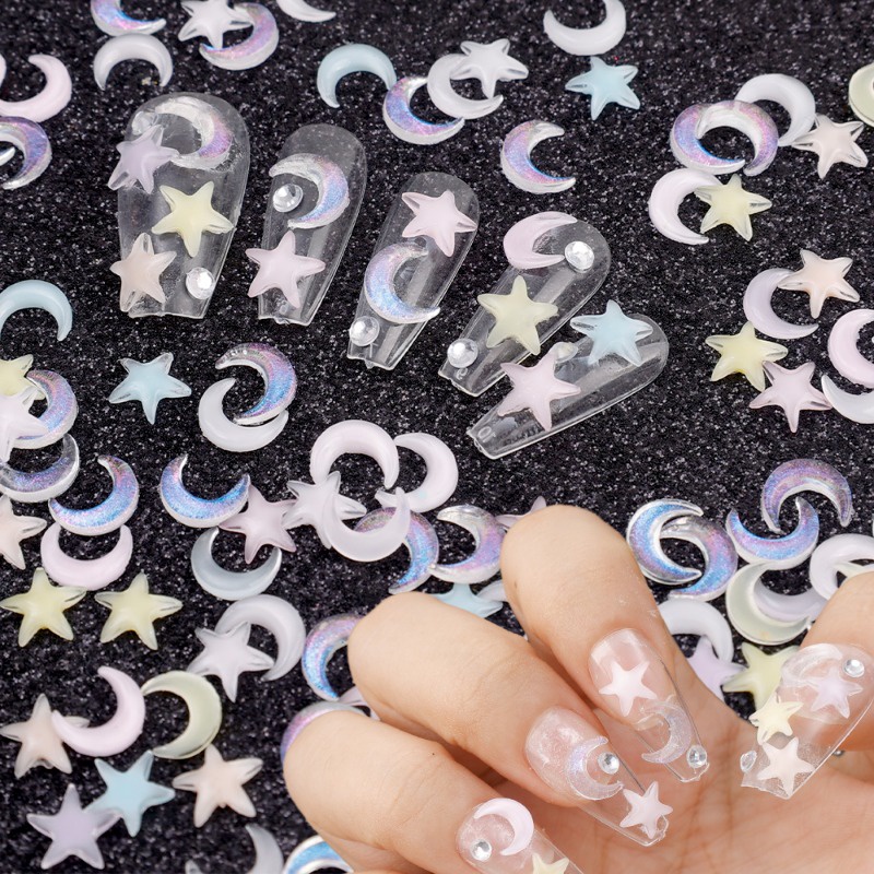 Set 10 / 50 Phụ Kiện Trang Trí Móng Tay Nghệ Thuật Hình Trăng Sao Nhiều Màu Sắc