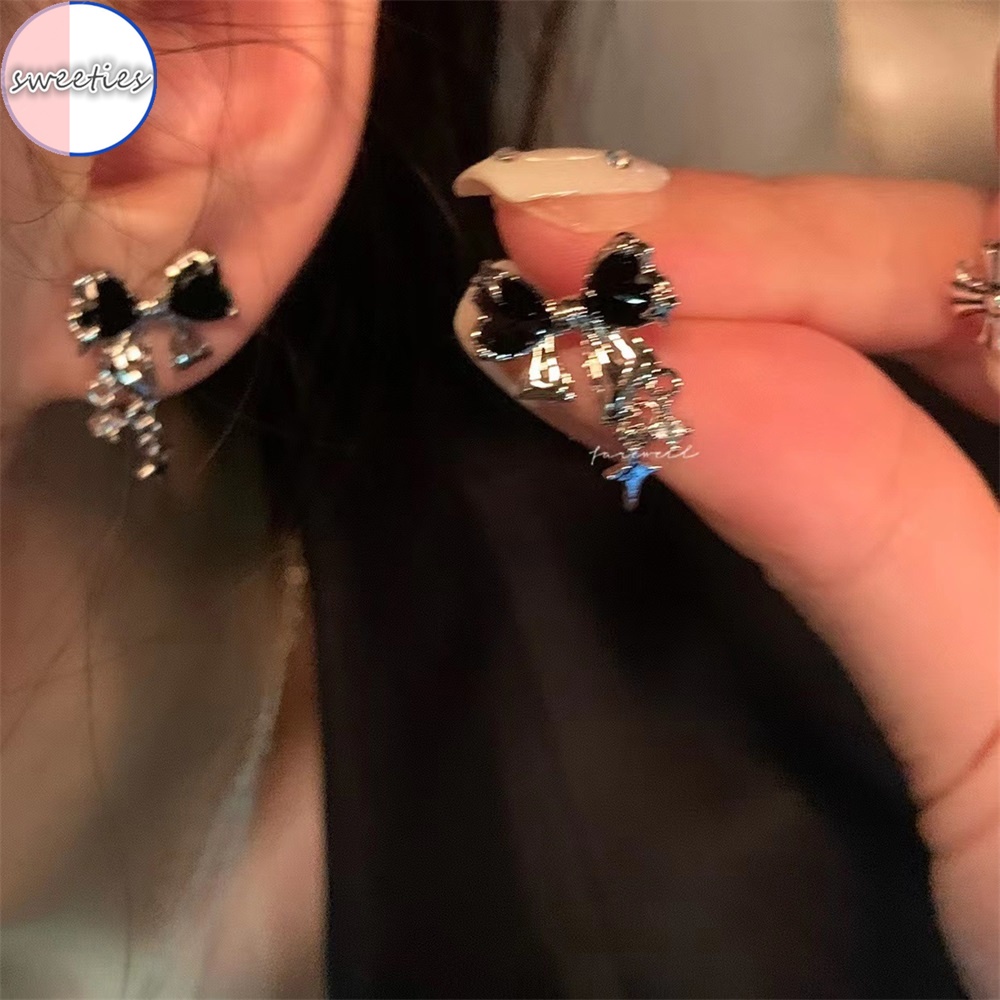Bông Tai Mạ Bạc 925 Hình Nơ Đính Đá Sang Trọng Phong Cách Hàn Quốc
