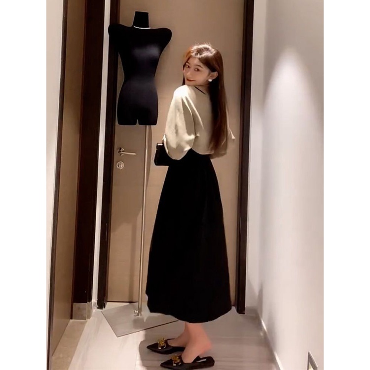 Set Đầm Hai Dây Dệt Kim Màu Đen Thời Trang Mùa Thu 2023 Cho Nữ