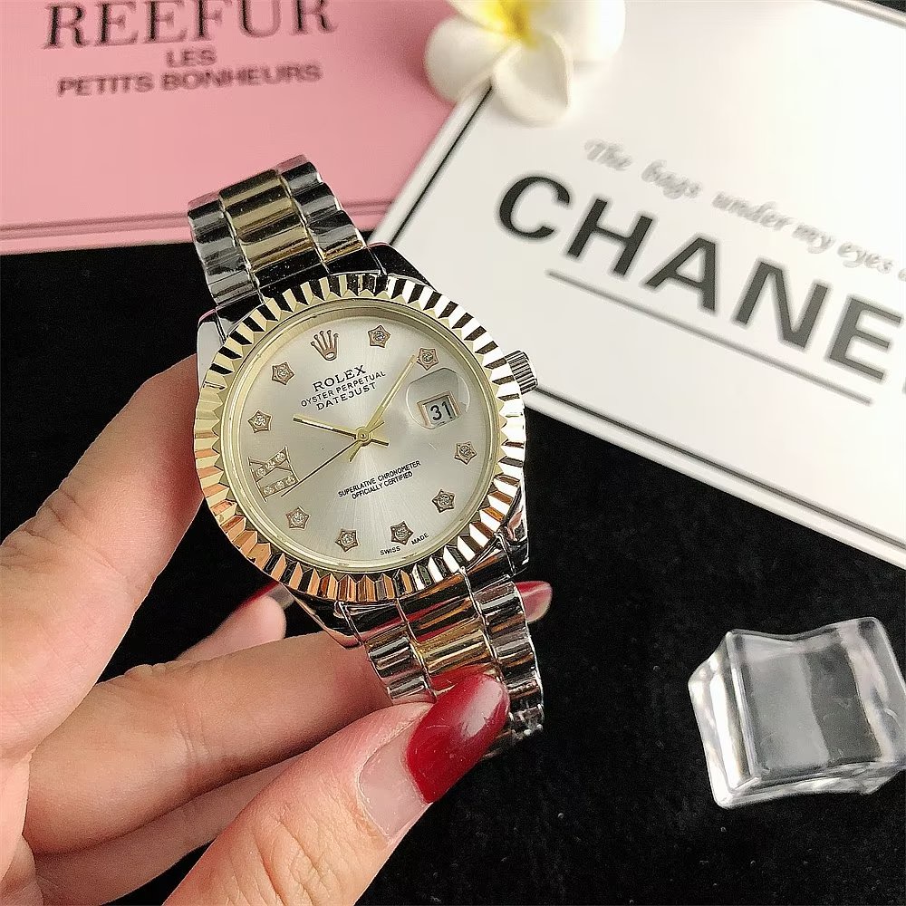 Đồng Hồ Rolex Mặt Tròn Đính Kim Cương Dây Da Thép Không Gỉ Thời Trang Cho Cặp Đôi