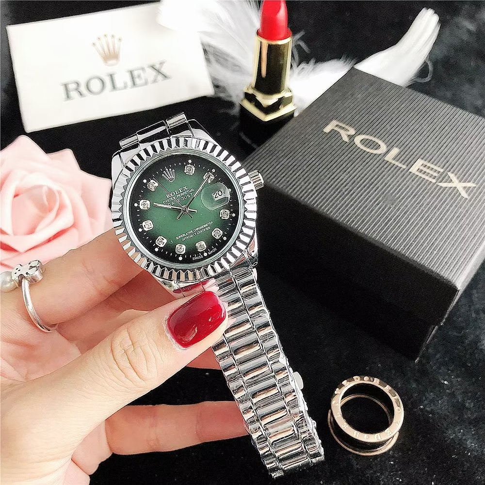 Đồng Hồ Rolex Mặt Tròn Đính Kim Cương Dây Da Thép Không Gỉ Thời Trang Cho Cặp Đôi