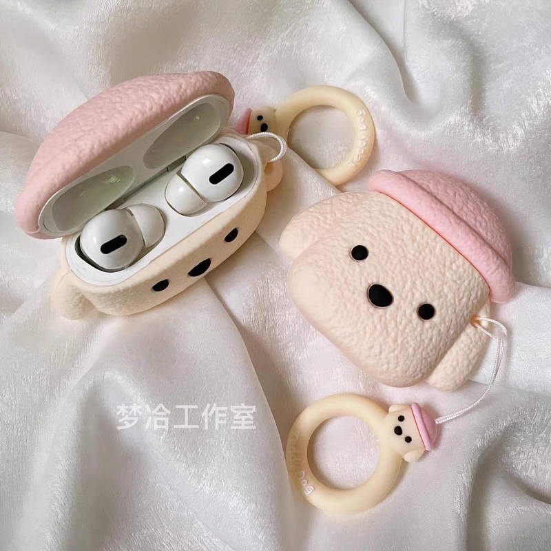 Vỏ Bảo Vệ Hộp Sạc Tai Nghe airpods Pro Apple airpods 1 / 2 / 3 Hình Chú Chó Teddy Đội Nón Màu Hồng Dễ Thương