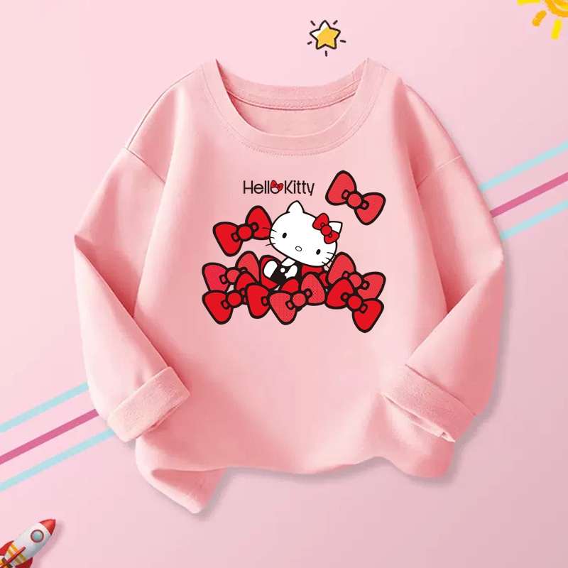 Áo Thun In Hình Hello Kitty Chất Liệu Cotton Thời Trang Xuân Thu Cho Bé Gái (6 7 8 9 10-13 Tuổi)