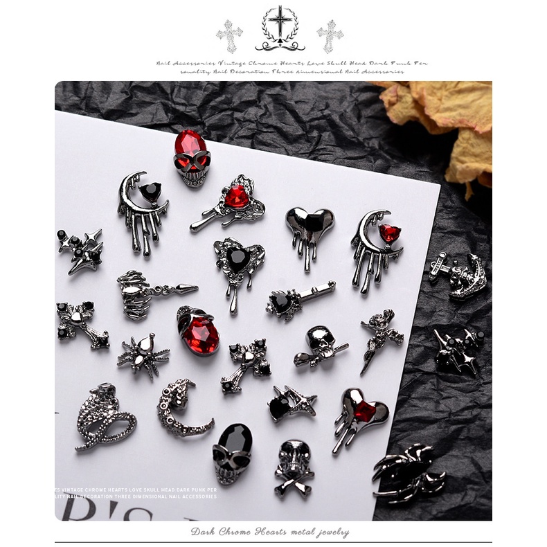 Vintage dark wind crow heart nail ornament metal cross love personality skeleton nail alloy diamond phụ kiện