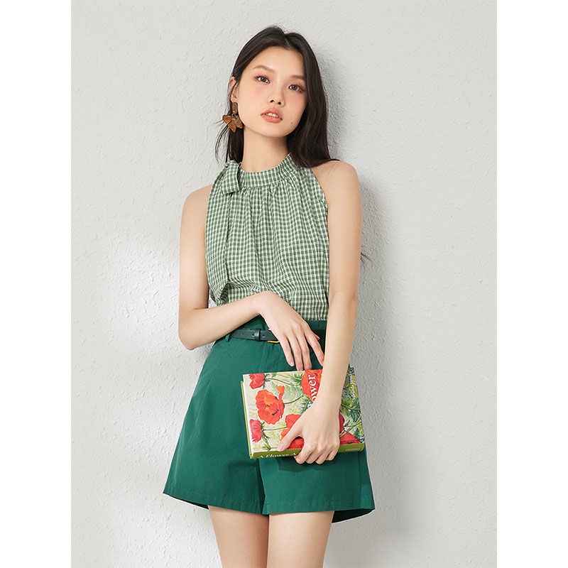 Set Áo Hai Dây Kẻ Sọc Caro Phối Quần Short Lưng Cao Ống Rộng Thời Trang Hè Phong Cách Hồng Kông 2023 Cá Tính Cho Nữ