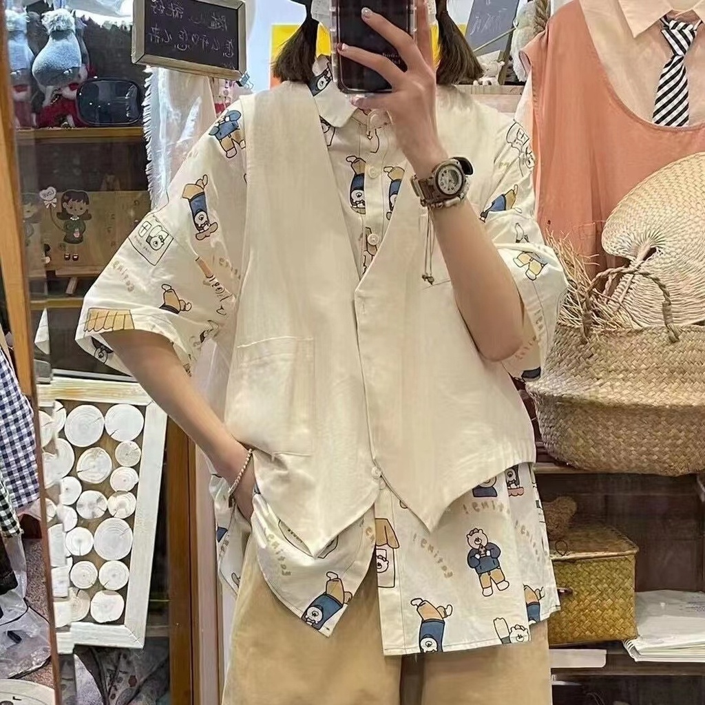 Set Áo Sơ Mi Ngắn Tay + Áo Khoác Cộc Tay Màu Trơn Form Rộng Thời Trang Hàn Quốc Mới