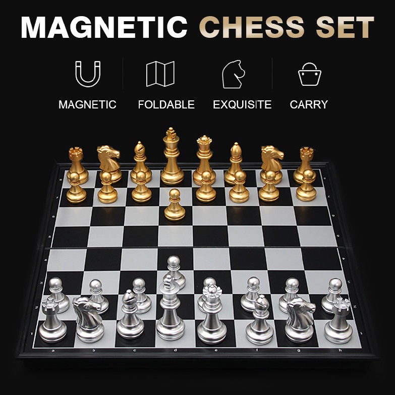Foldable Travelling Magnetic Silver & Gold Chess & Checkers Set Board Game