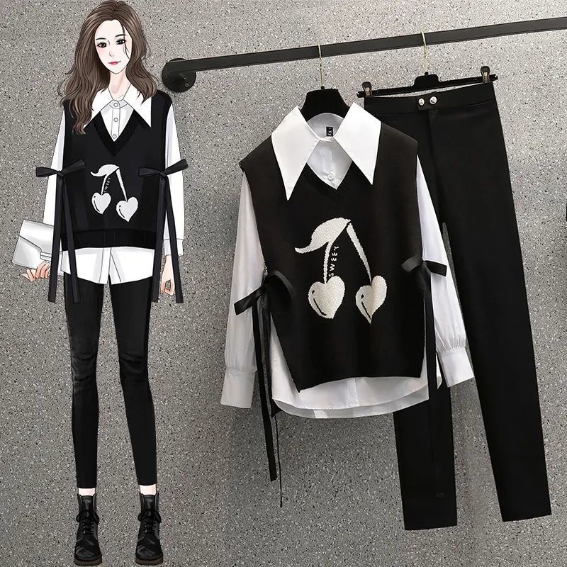 Set Áo Sơ Mi Trắng + Áo Khoác Không Tay + Quần Dài Thời Trang Xuân 2023 Cho Nữ