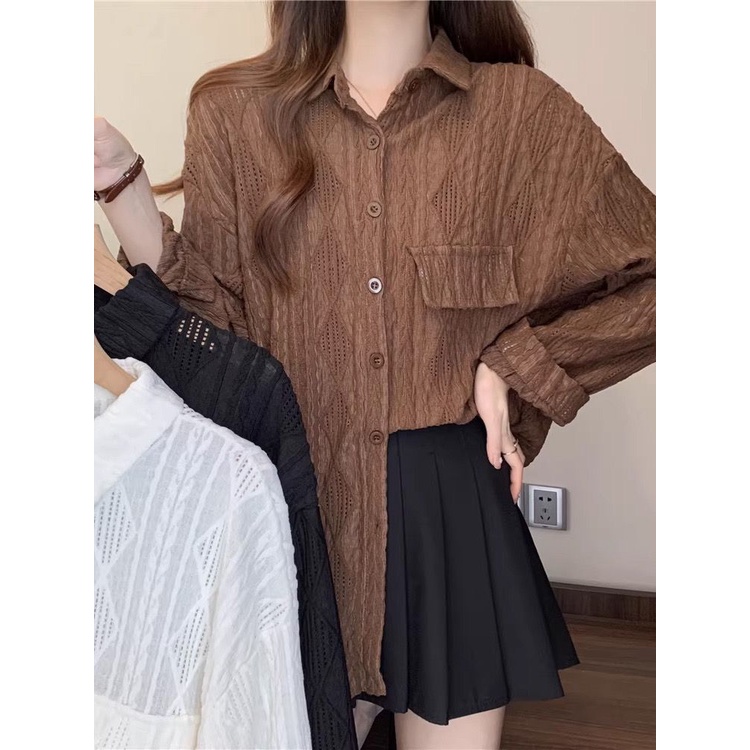 Áo Sơ Mi Dài Tay Chống Nắng Thiết Kế Đục Lỗ Phong Cách Pháp Thời Trang Mùa Hè