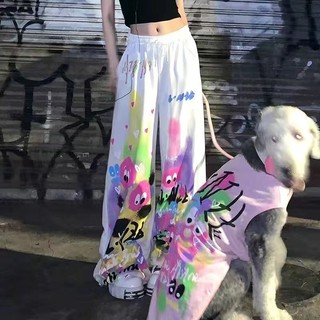 Đường Phố Mỹ Nữ Thời Trang Mùa Hè Màu Đen Graffiti In Eo Cao Quần Eo Rộng Quần Áo