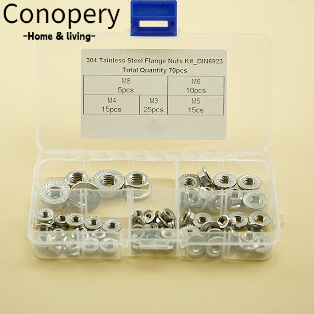 Conopery 70 chiếc đai ốc khóa hình lục giác mặt bích, đai ốc hình răng cưa bằng thép không gỉ bạc, đai ốc hình lục giác hạng nặng m3 m4 m5 m6 m8 bộ sáng hình lục giác hoàn thiện ngoài trời và trong nhà
