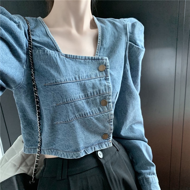 Cổ vuông tay phồng tay áo mỏng hơn nhìn retro áo sơ mi denim 2022 mùa xuân phong cách mới sang trọng all-match hàn quốc ngắn phụ nữ hợp thời trang