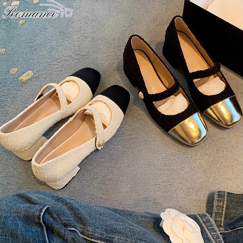 Mới có đầu vuông nút gót dày dây đeo giày mary jane nhỏ màu lông thú thơm phù hợp với thời trang cô gái giày đơn