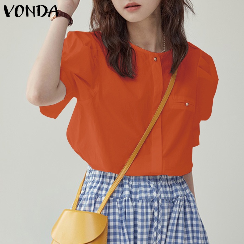 Áo VONDA tay phồng ngắn cổ tròn màu trơn phong cách Hàn Quốc thời trang dành cho nữ