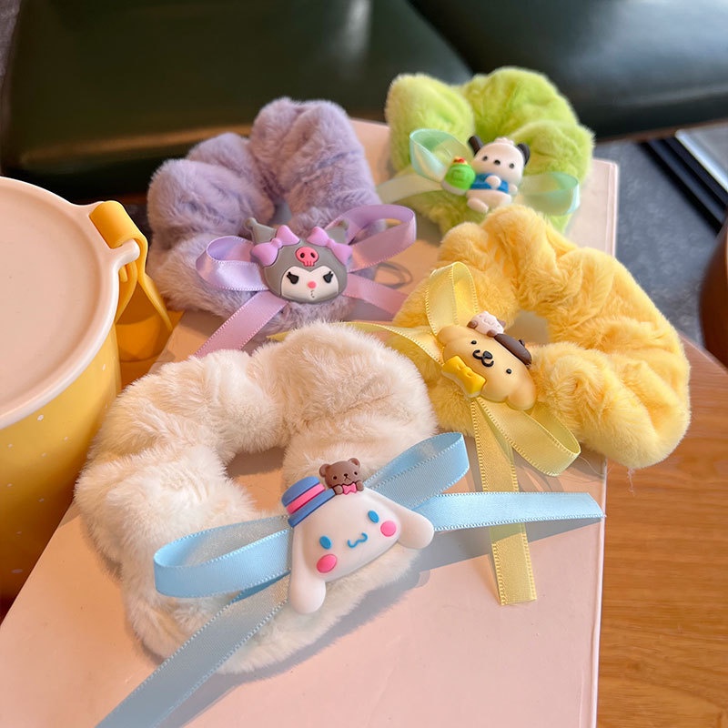 Set 4 dây buộc tóc AHELLOGIRL vải lông nhung hoạt hình Sanrio dễ thương cho nữ