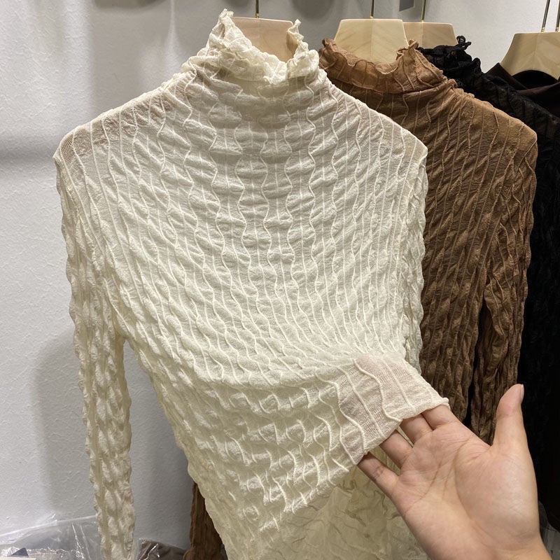 Áo Thun Ren Lưới Dài Tay Cao Cổ Mặc Lót Trong Mỏng Sexy Công Chúa Tôn Dáng Thời Trăng Nữ