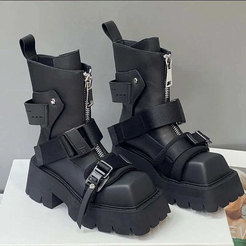 Leather martin boots women's square-toe color-block platform boots dây kéo phía trước