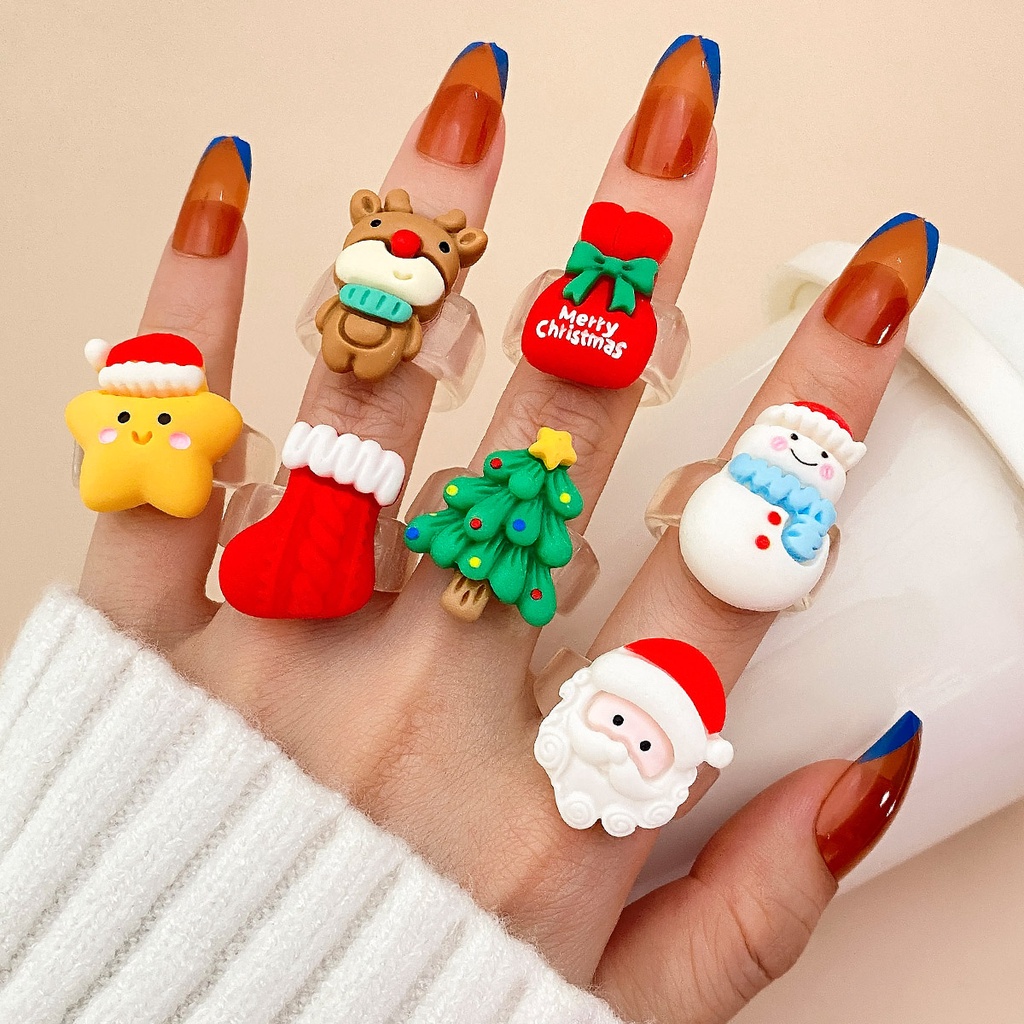 Hàn quốc instagram giáng sinh cá tính nhẫn hoạt hình dễ thương ông già noel elk snowman resin ring 100 với trang trí nữ bạn gái món quà giáng sinh