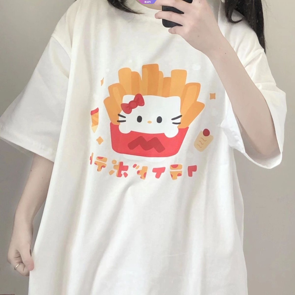 Phong cách nhật bản phim hoạt hình anime sanrio sáng tạo khoai tây chiên hello kitty in người phụ nữ mùa hè mỏng tay ngắn t-shirt kawaii girl sinh viên lỏng quá khổ áo sơ mi giản dị [rain]