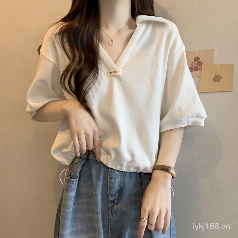 V-neck loose short sleeve women t-shirt over size ahxf