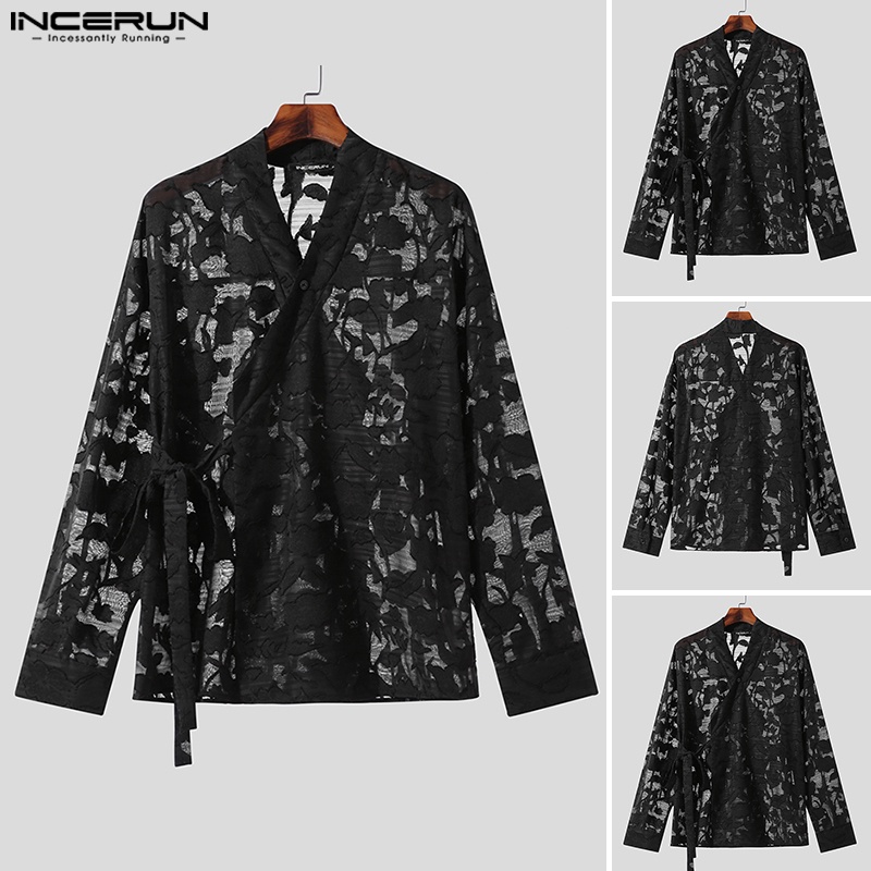 Incerun nam cuba jacquard v-cổ áo nịt dài tay rỗng