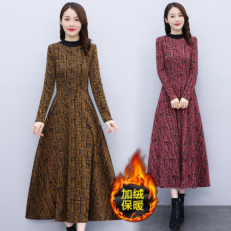 3xl vợ cổ điển váy sang trọng cho phụ nữ 2023 mùa đông dày và ấm áp mùa đông lớp lót của mẹ trên đầu gối áo dài