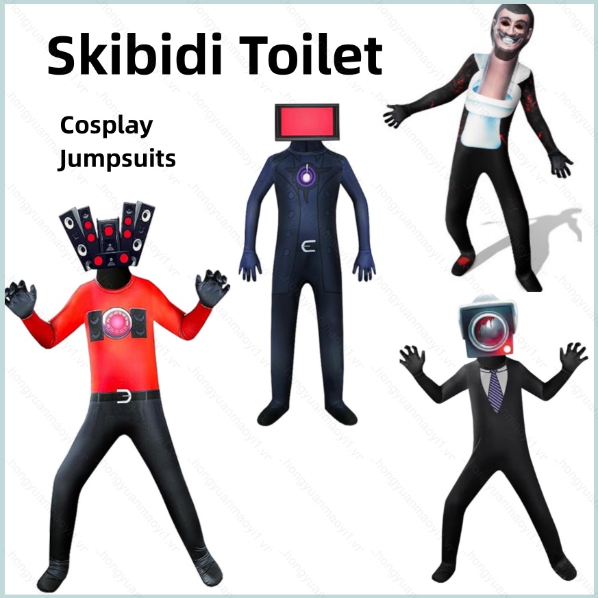 Skibidi toilet cosplay áo liền quần cap trang phục trẻ em người lớn nhà vệ sinh người đàn ông tv màn hình người đàn ông bodysuit cos set halloween party
