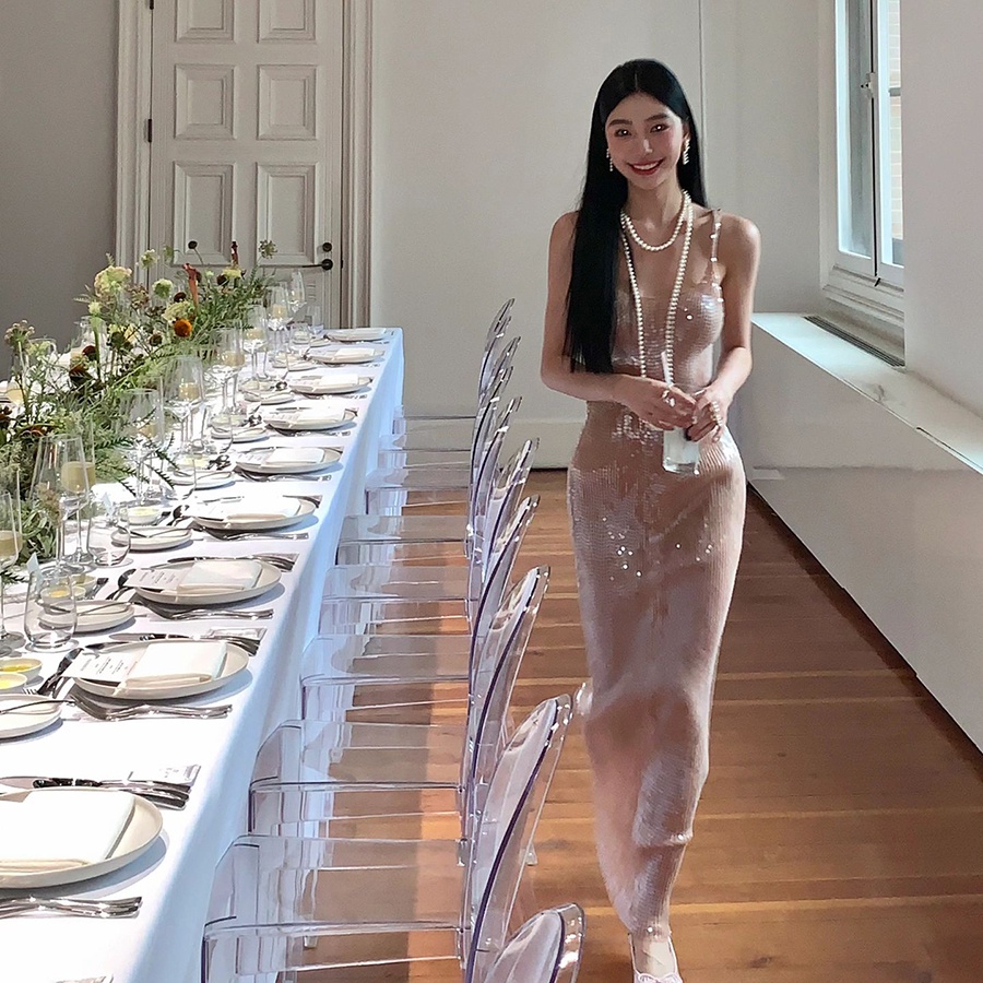 Klalien Đầm maxi Hai Dây Ôm Dáng Đính Kim Sa Lấp Lánh Quyến Rũ Thời Trang Cho Nữ