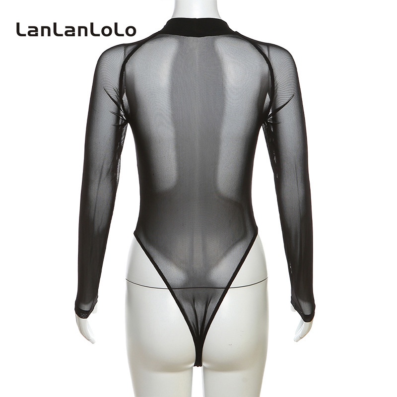 Lanlanlolo women 2023 màu rắn thời trang cổ tròn dài tay áo lưới xương nhìn xuyên thấu bộ đồ bodysuit mỏng gợi cảm | BigBuy360 - bigbuy360.vn