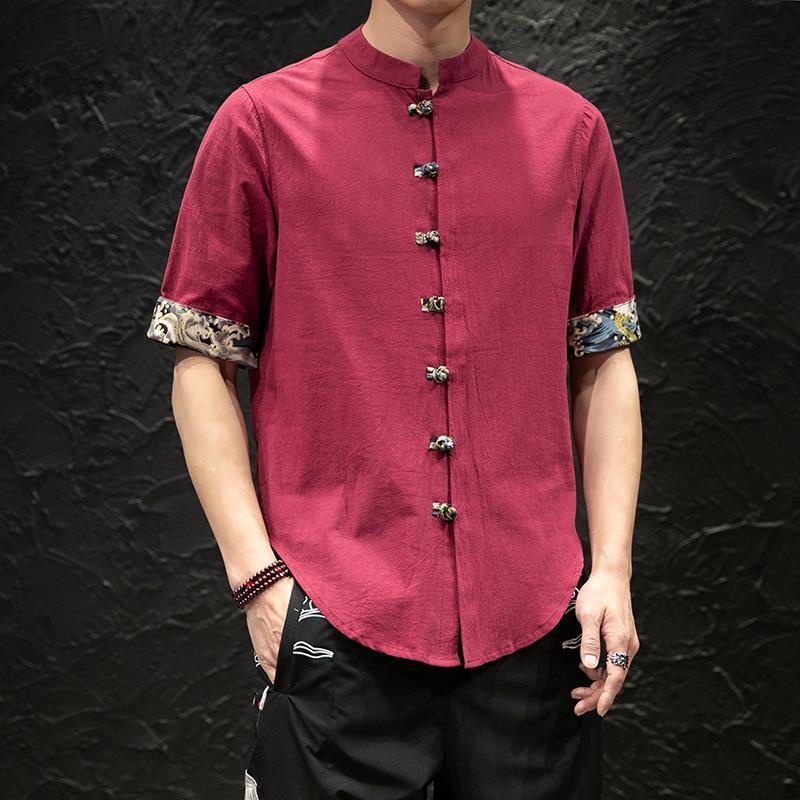 Áo Sơ Mi Cotton Lanh Ngắn Tay Cổ Đứng Cài Khóa Kiểu Hán Phục Trung Hoa Thời Trang Mùa Hè Cho Nam