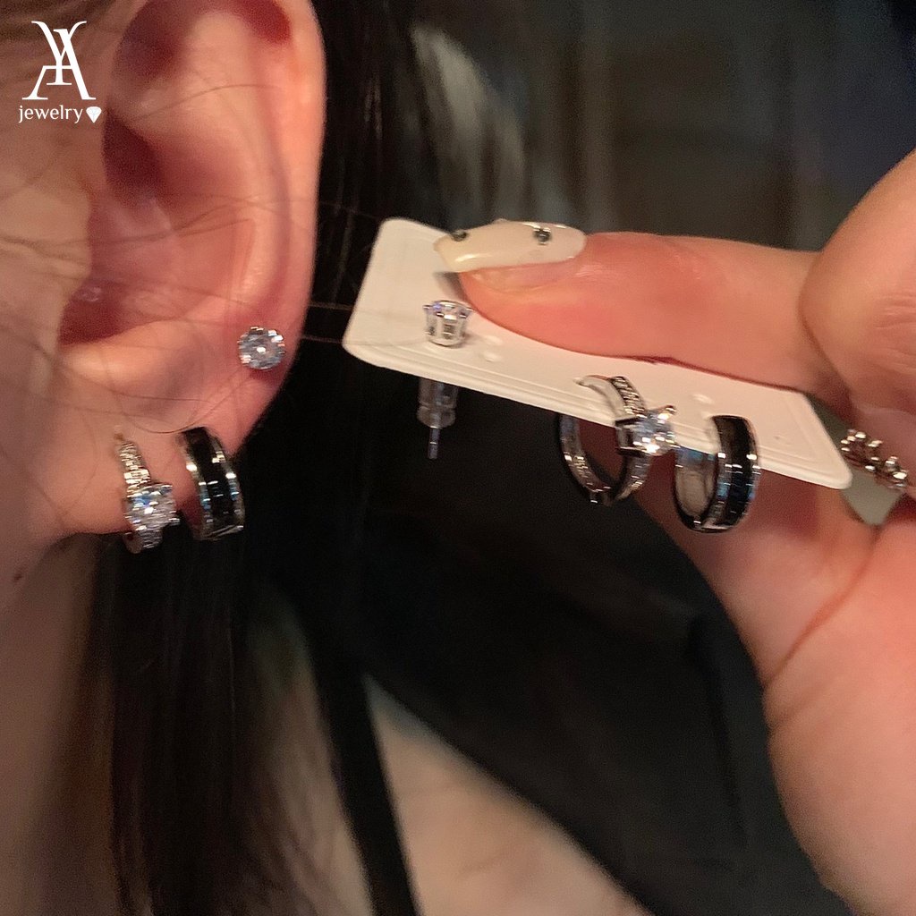 Set 6 khuyên tai AY mạ bạc đen đính đá pha lê nhân tạo thời trang đơn giản dành cho nữ